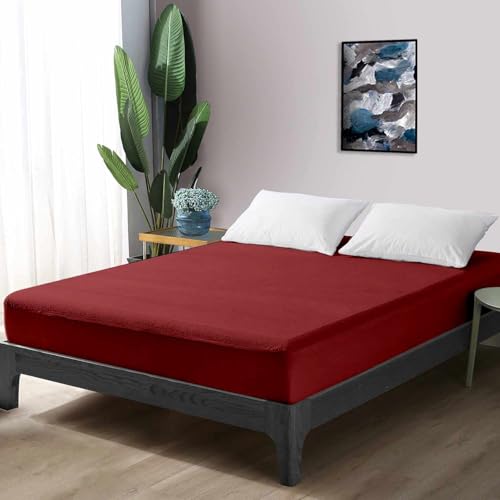 Image of The Sleep Protector Cotton Waterproof Mattress Protector-Breathable, Ultra-Soft, Allergy-Proof, Noiseless, Elastic Fitted, Machine Washable Bed Cover-Maroon King 78 x 72