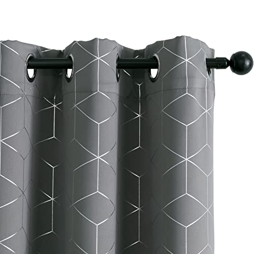 Paire de rideaux occultants thermiques souples fantaisie argentés 3D pour salon, chambre et intérieur, 2 panneaux avec œillets (140 x 235 cm, gris)