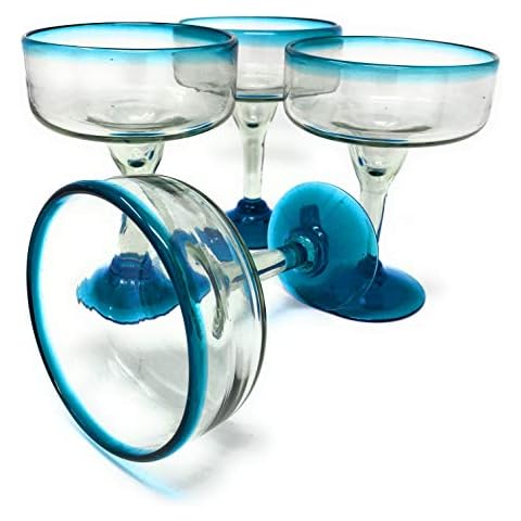 Mexican Hand Blown Glass – Set of 4 Hand Blown Margarita Glasses (16 oz) with Aqua Blue Rims Cover