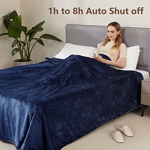 Image of Electric Heated Blanket Queen Size 84 inch x 90 inch with 6 Heating Levels & 8h Auto Off, Ultra Soft Flannel Full Body Fast Heating Warming Blanket for Bed Sofa Home Office, Machine Washable, Blue