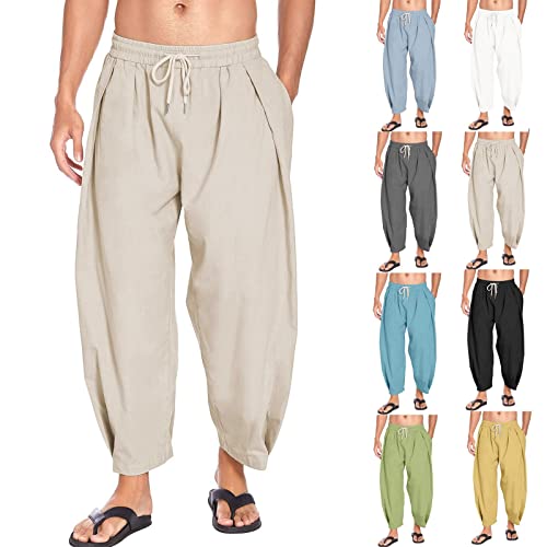 Wankang Men's Cotton Linen Harem Pants Casual Loose Fit Drawstring Slacks Lightweight Beach Yoga Pants with Pockets for Men3