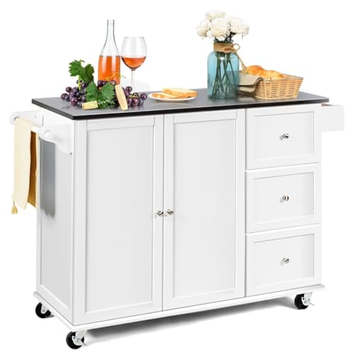 GiantexUK Kitchen Island on Wheels, Wooden Storage Cabinet Trolley with Stainless Steel Countertop, Towel Rack & Adjustable Shelves, Mobile Utility Serving Cart for Dining Living Room (White Body)
