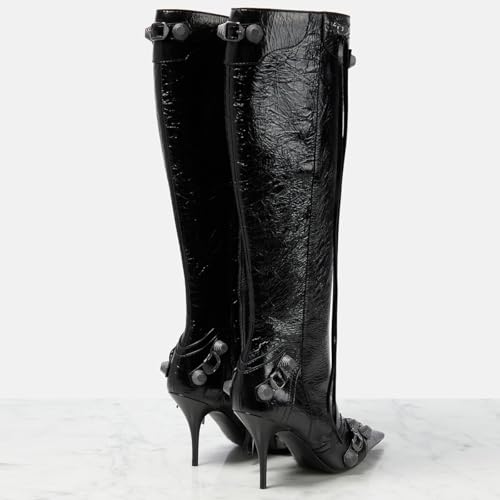 Women's Knee High Boots Pointed Toe Tassel Black Leather Boots Stilettos High Heel Boots Fashion Trendy Shark Boots Side Zipper4
