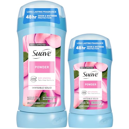 Suave Antiperspirant Deodorant for Women Powder 2-Size Variety Pack Anti-Staining Invisible Solid Talc-Free (2 Piece Set) Scented
