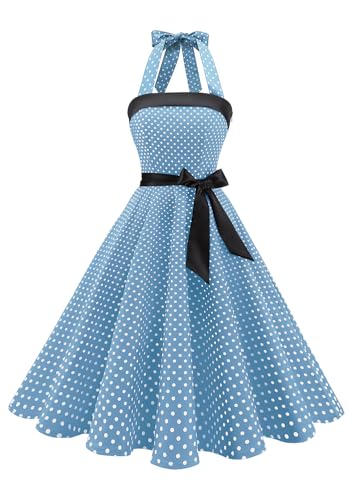 Timormode Damen Vintage Cocktailkleid Knielang Neckholder Swing Retro Rockabilly Kleid Klein Hellblau Weiß XS