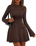 PRETTYGARDEN Women's Elegant Holiday Short Dress 2025 Fall Bell Long Sleeve Mock Neck Work Business Casual Party Mini Dress(Brown,Small)