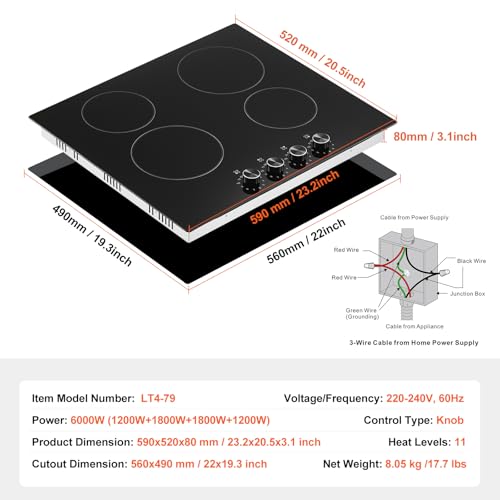 Image of VEVOR Electric Cooktop, 24 inch 4 Burners Built-in Electric Stove Top, 6000W Ceramic Top Radiant Cooktop, with 11 Heat Levels, Glass Panel, Knob Control, 220-240V, Hard Wire (No Plug)