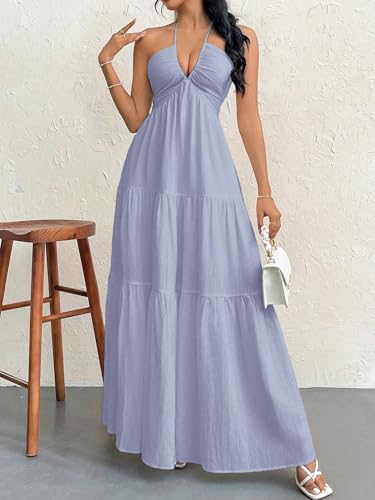 Image of Narecte Women's Maxi Summer Dresses Halter V Neck Beach Dresses for Women A-Line Casual Dress for Vacation