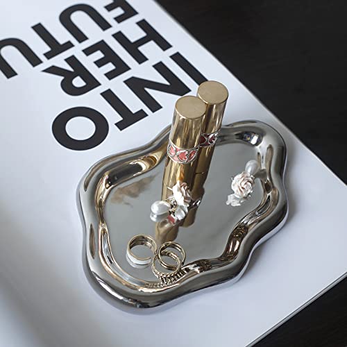 MDFAYE Jewelry Dish Trinket Tray for Women, Ring Dish Holder, Unique Cloud Shape Ceramic Plate Cute Things Vanity Aesthetic Room Decor Mother's Day Birthday (Silver)