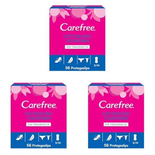Carefree Cotton Feel Flexiform Protegeslips Sin Fragancia (56 unidades), protegeslips de absorbencia normal y transpirables de uso diario sin fragancia, protege slips para todo tipo de braguitas