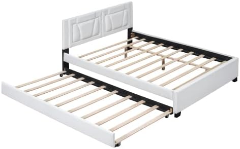 Angled view of bed frame components showing slats and trundle