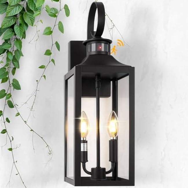 20 Black Motion Sensor Outdoor Light, Large Dusk to Dawn Outside Lighting Fixture, Exterior Farmhouse Wall Mount Porch Lantern, Waterproof Sconce Lamp for Outside Patio, 3 Modes/2-Light/1-Pack