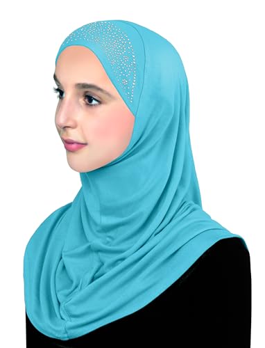 Aiyah Hijab Scarf Big Girls/Kids Pre-teen Elastane-Spandex Headscarf one piece Muslim Amira with Rhinestones (Turquoise)