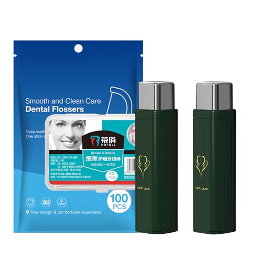 2 Pack Portable Dental Floss Dispenser (150 Picks Refill) One-Press Compact Floss Case for Travel & Pocket Refillable Hygienic Floss Picks for Adults On-The-Go 2 Green