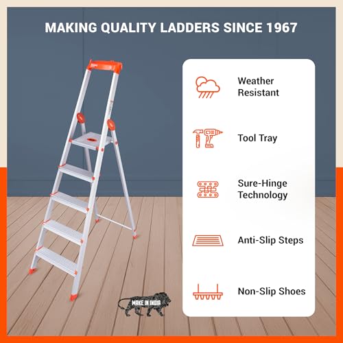 Image of Bathla Elevate 5-Step Foldable Aluminium Ladder for Home with Tool Tray | Anti-Skid | Durable, Heavy Duty, Safe & Stylish | 5-Year Warranty | Orange