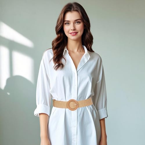 hoyuwak 2Pcs Women Straw Woven Waist Belt Round Buckles Elastic Wide Belts for Summer Dress Dance Braided Skinny Accessories2