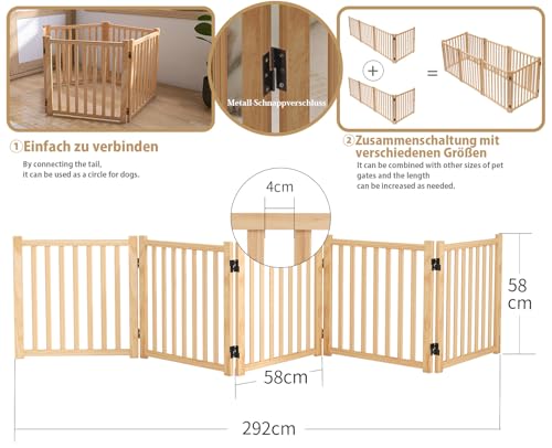 Pshelfy Hundeabsperrgitter aus Holz 5 Paneelen 58cm Höhe - Freistehend & Faltbar, 360° Drehbar für Tür, Treppe, Flur als Welpen-Gitter & Kinderschutzgitter (BxH: 292 cm x 58 cm, Naturholz)
