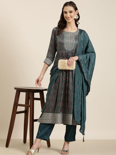 Image of SHOWOFFFF Women Printed Three-Piece A-Line Ethnic Kurta Set | Round Neck 3 /4th Sleeves Satin Kurta Set's for Womens | Mid-Rise Lime Regular Fit Calf Length Kurta Set for Women's