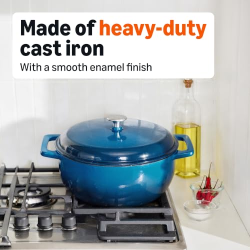 Image of Amazon Basics Enameled Cast Iron Dutch Oven Pot with Lid, Round, Dual Handles, Heavy-Duty, Oven Safe for Stews, Roasting, Baking, 7.3-Quart, Blue