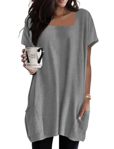 Poetsky 2025 Summer Tunic or Tops for Women to Wear with Leggings Square Neck Casual Long T Shirts with Pockets S-3XL