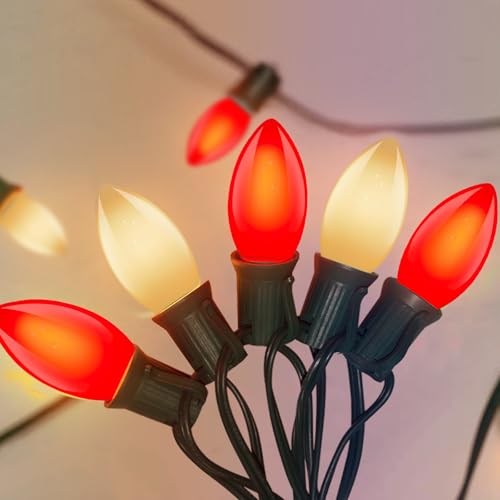 Image of 25Ft LED C9 Red and White Christmas Lights Outdoor, C9 Vintage Christmas Lights with 26 LED Red and White Bulbs, Hanging Outdoor String Lights for Patio Outside Holidays Party Xmas Roofline Wedding