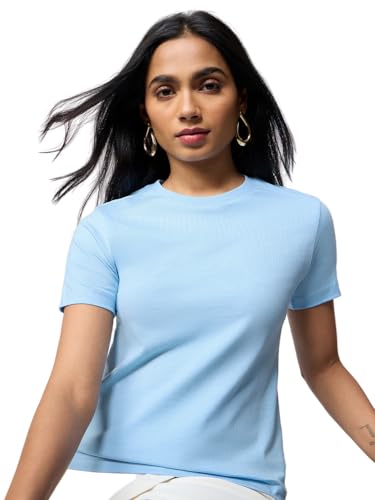 Image of The Souled Store Casual Classics: Women and Girls Short Sleeves Spread Collar Solid Cotton Regular Fit Breathable Lightweight Trendy Everyday T-Shirt