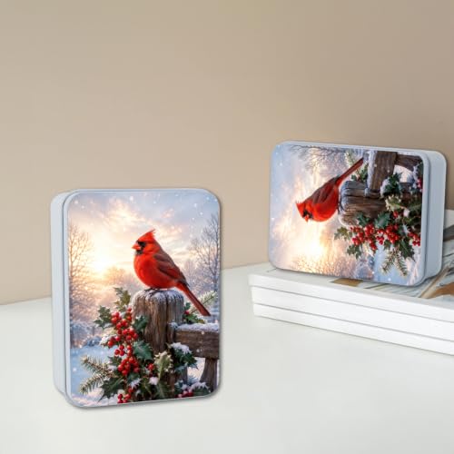 Image of Decorative Metal Tin Box with Lid,Red Cardinal Winter Organizer