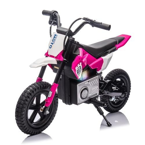 OKYBABY Electric Motorcycle for Kids Ages 5-10 24V 200W Higher Speed Electric Dirt Bike Kids Ride On Motorcycle with Rear Wheel Shock Absorber LED Breath Light Bluetooth Music Horn Pink