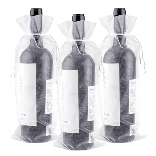 G2PLUS 30PCS Bolsas para Botellas de Vino de Organza Bolsas de Regalo para Botellas de Vino de750 ml con Cordón para Envolver Botellas de Vino,Blanco14 x 37 CM