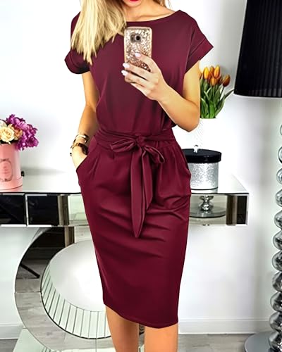 Image of PRETTYGARDEN Women's Summer Short Sleeve Crewneck Striped Dress Basic Solid Tie Waist Office T Shirt Dresses Pockets