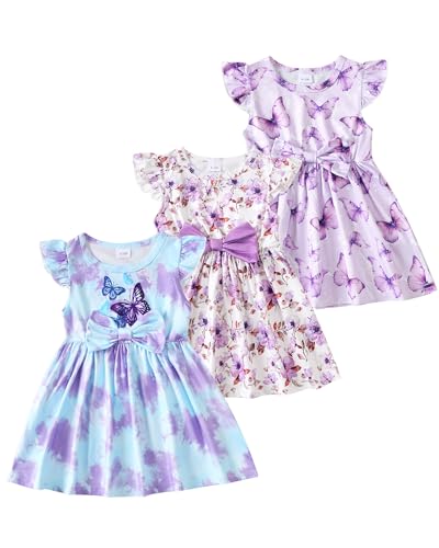 Toddler Girl Spring Summer Dress Clothes 2T 3T 3 Pack Purple Butterfly + Bow Cute Girls Dressrs Toddler Purple Casual Fashion Dress