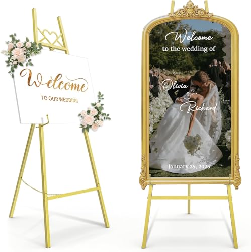 56 Gold Easel Stand for Sign Heavy Duty Display Easel with Adjustable Chain Heart-Shaped Envelope Design Art Easel for Paintings Wedding Sign Posters Mirrors Artwork