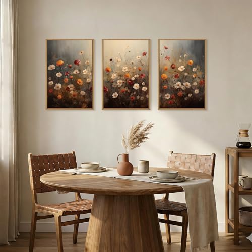 Image of KAIRNE Moody Colorful Wildflower Framed Canvas Wall Art Set,Vintage Daisy Floral Wall Decor,Watercolor Flowers Art Prints,Rustic Botanical Artwork for Living Room,Bedroom,Farmhouse,Office-16 x24 x3