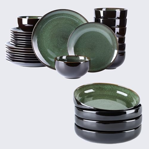 Image of LERATIO Ceramic Dinnerware Sets for 8,Stoneware Plates and Bowls Sets,Handmade Reactive Glaze Dishes Set,Chip Resistant and Scratch Resistant | Oven&Dishwasher & Microwave Safe-Green(28PCS)