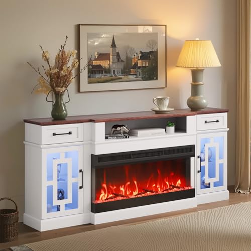 Image of VEVOR 3-Sided Glass Fireplace TV Stand, for TVs up to 80 inch, with 20 LED Lights, Remote Control, and Timer, 70 inch Large Entertainment Center with 36 inch Electric Fireplace, Glass Door Storage Cabinet, White