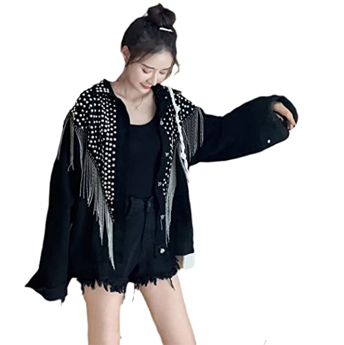 Veste en jean pour femme avec rivets cloutés main veste noire XXL