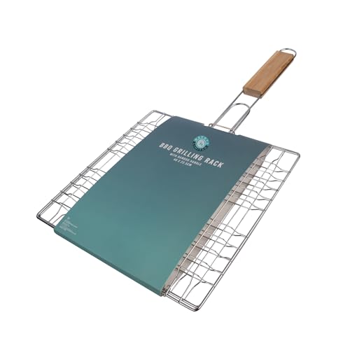 Barbacoa de hierro cromado con mango de bambú, 46 x 23,5 cm, ideal para pescado, carne y verduras