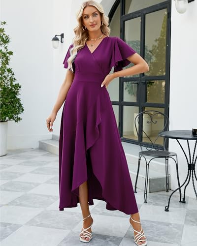 Image of Long Black Formal Dresses for Women Gowns Evening Party Cocktail Dress,Split Elegant V Neck Wrap Ruffle Wedding Guest Dresses