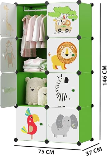 Image of 8 Door Kids Cartoon Wardrobe Storage Cabinet - DIY Modular Clothes Organizer with Hanging Cartoon Design Wardrobe with Multi for Bedroom, Living Room,Entryway