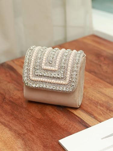 Image of THE TAN CLAN Nysa Mini Hand Embroidered Clutch Bag for Women with Handle - Elegant Evening Handbag, Stylish Clutch Purse with Magnetic Closure, Perfect for Weddings, Parties, Gifting