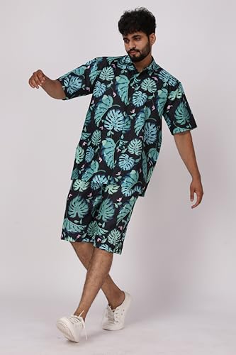 Image of BROWN CULTURE Men's Cotton Floral Print Co-ord Sets with Shirt & Shorts Collar Neck Standard Length and Button Down Closure Type | Night Suit for Men