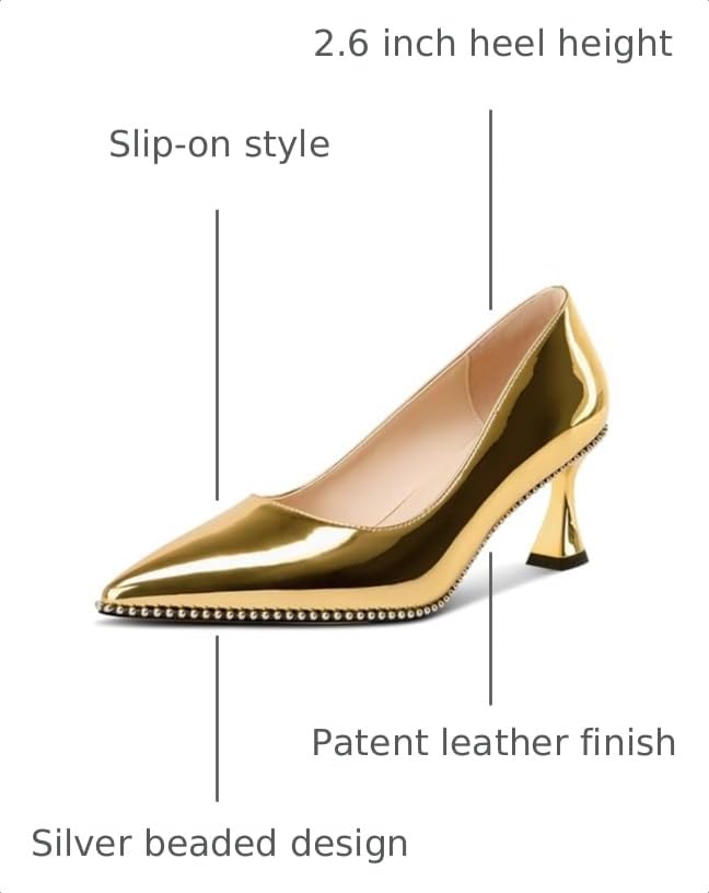 Image of TNYNFBEB Womens Kitten Heel Pointed Toe Pumps Slip-on Sliver Beaded Prom Wedding Dress Basic Classic Patent Leather Summer 2.6 Inches Heels