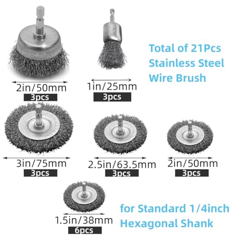 Image of 21Pcs Wire Brush for Drill Set for Drill 1 /4 Inch Hex Shank, Stainless Steel Wire Wheel Brush, Cup Brush, Pen Brush Set, Wire Brush Drill Attachments for Cleaning Rust, Scrub Surface
