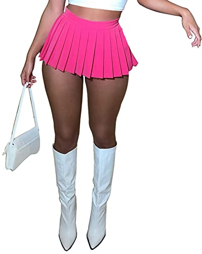 Mini Pleated Skirts for Women Sexy Mini Skirt with Slit Womens Girl Y2k Short Cargo Skirt Skater A-line Pleated Skirt (Rose Red M)