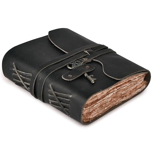 Image of LEATHER VILLAGE Leatherbound Notebook Journal Key Lock, Black 8x6. | Handmade Deckle Edge paper, 200 Blank Pages , Grimoire, Book Of Shadows, Sketchbook, Scrapbook, Leather Journal , Black 8x6