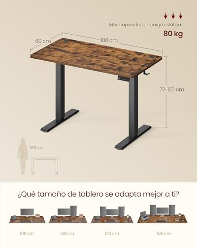 VASAGLE Escritorio Eléctrico Ajustable en Altura, Escritorio para Ordenador, Recordatorio de Sedentarismo, Función de Memoria con 4 Alturas, para Oficina, 100 x 60 cm, Marrón Rústico LSD310KD03 - imagen 3