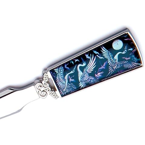 Mother of Pearl Black Bird Metal Steel Knife Office Sword Blade Hand Envelope Letter Opener with Crane and Moon Design Cover