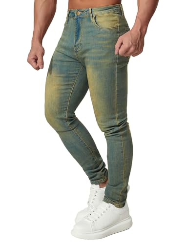 HUNGSON Jeans ajustados elásticos para hombre, rasgados, ajustados, pierna recta, a la moda, cómodos, con cintura flexible, color azul, Azul, 32