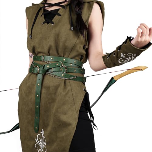 Image of HiiFeuer Medieval DIY Faux Leather Metal Chain Belt, Vintage Adjustable Thin Belt For Women, Retro Skinny Belt For Dresses (Green A)