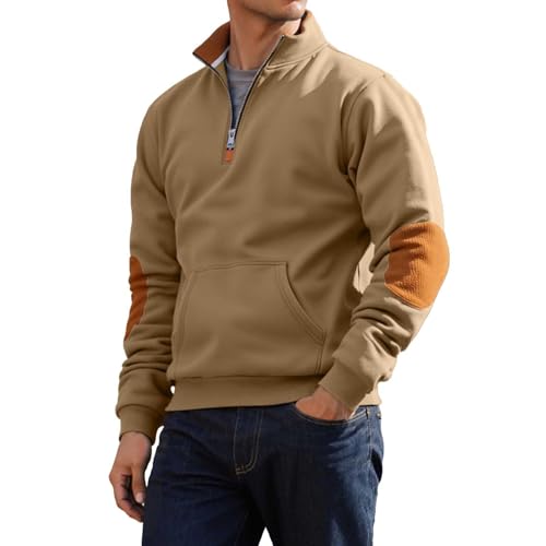 Genérico Suéter para hombre con cuello alto y parches en los codos - Suéter casual con cremallera | Suéter robusto de ocio con bolsillo canguro, M